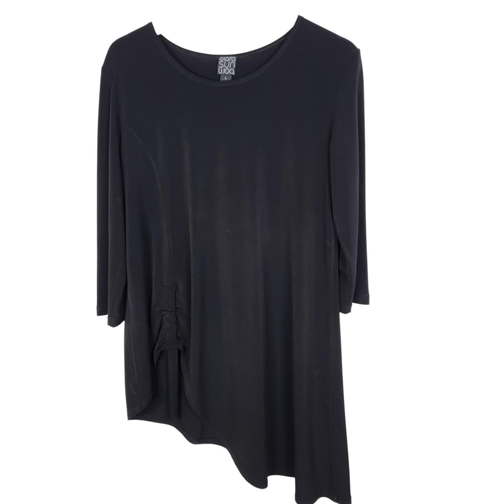 CLARA SUN WOO Tunic Top Womens Large Black Lagenlook 3/4 Ruched Stretch Jersey